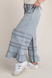 Easel Mineral Washed Wide Leg Ruffle Terry Sweatpants in Dusty Blue