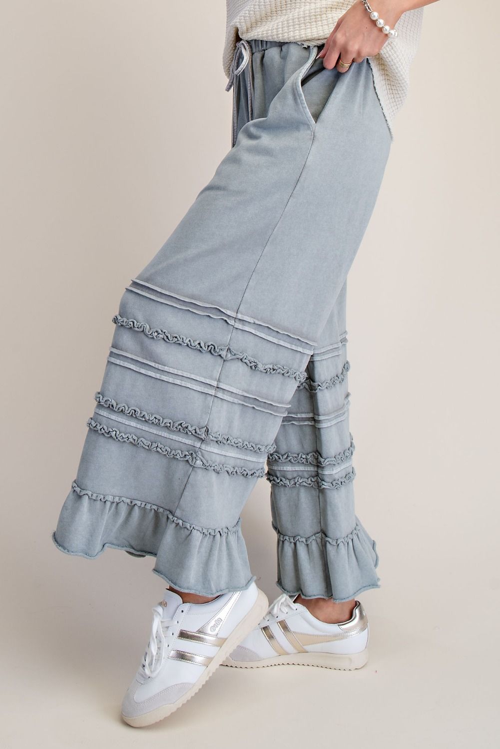 Easel Mineral Washed Wide Leg Ruffle Terry Sweatpants in Dusty Blue