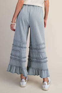 Easel Mineral Washed Wide Leg Ruffle Terry Sweatpants in Dusty Blue