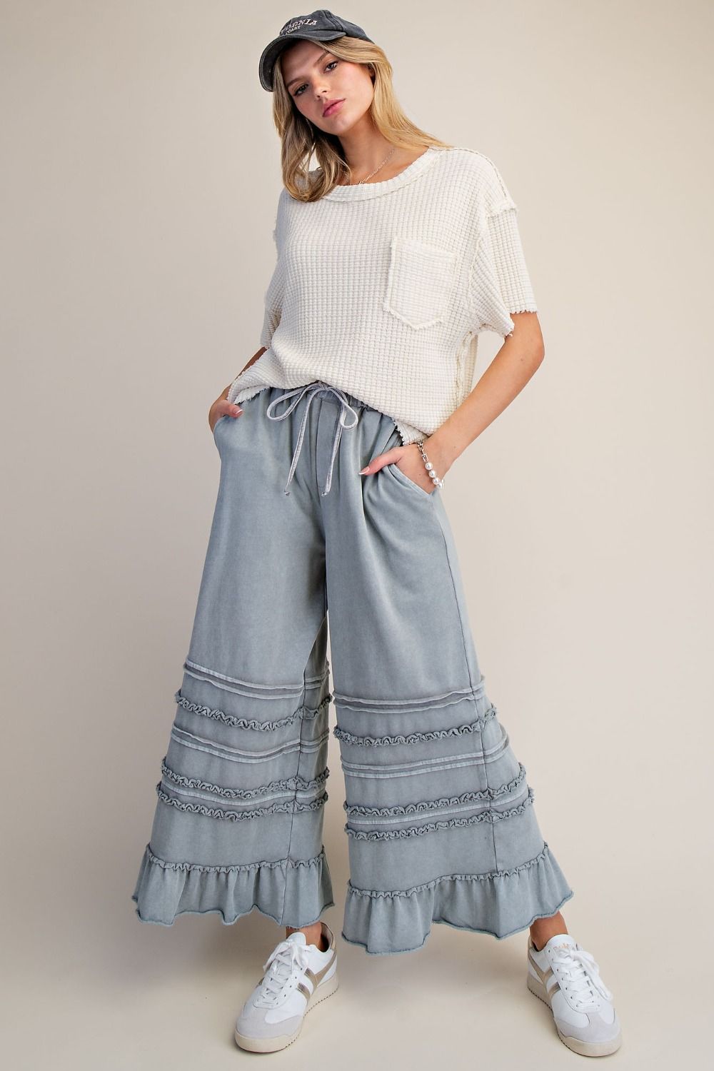 Easel Mineral Washed Wide Leg Ruffle Terry Sweatpants in Dusty Blue
