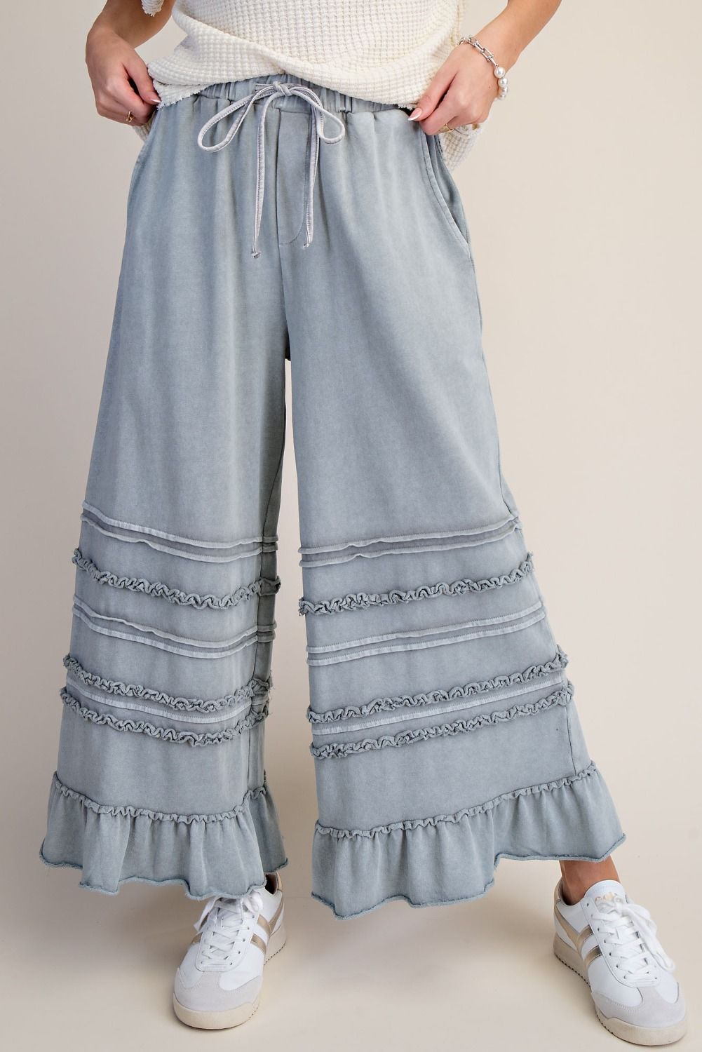 Easel Mineral Washed Wide Leg Ruffle Terry Sweatpants in Dusty Blue