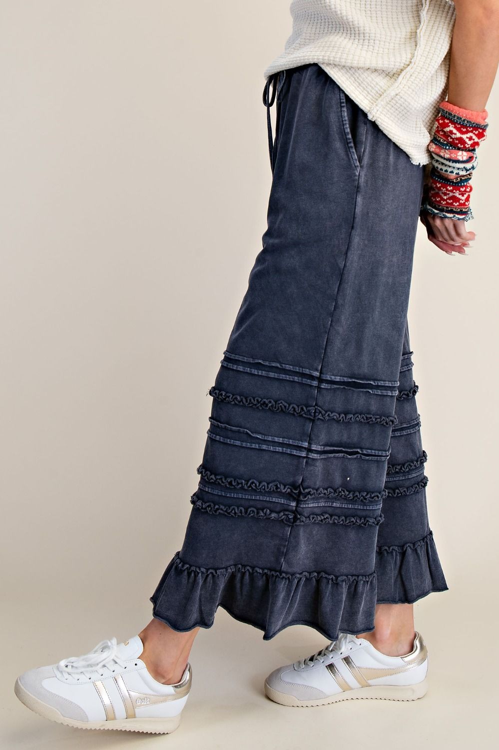 Easel Mineral Washed Wide Leg Ruffle Terry Sweatpants in Midnight Blue