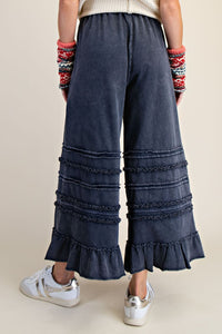 Easel Mineral Washed Wide Leg Ruffle Terry Sweatpants in Midnight Blue