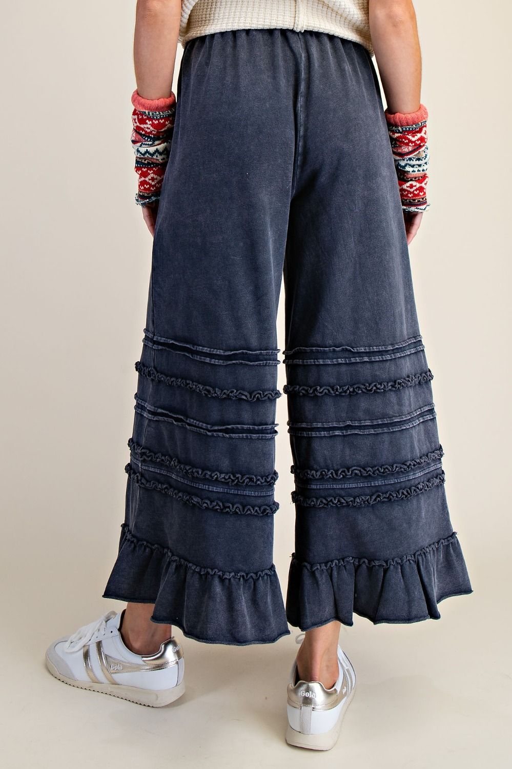 Easel Mineral Washed Wide Leg Ruffle Terry Sweatpants in Midnight Blue