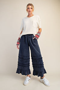 Easel Mineral Washed Wide Leg Ruffle Terry Sweatpants in Midnight Blue