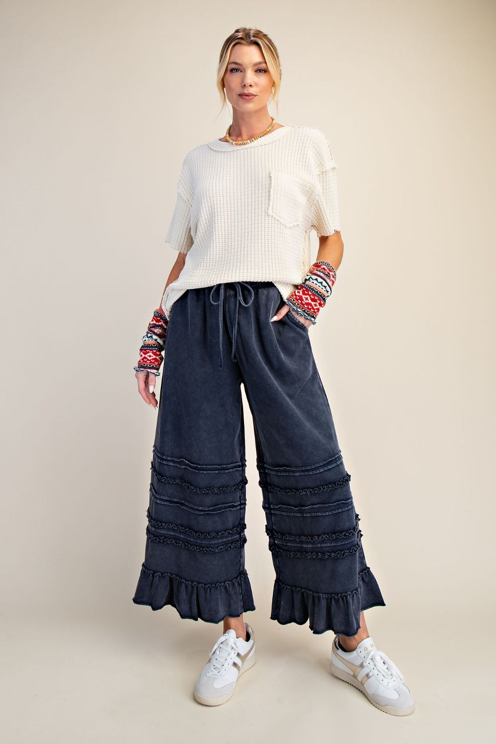 Easel Mineral Washed Wide Leg Ruffle Terry Sweatpants in Midnight Blue