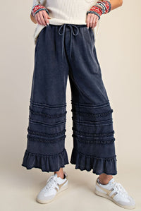 Easel Mineral Washed Wide Leg Ruffle Terry Sweatpants in Midnight Blue