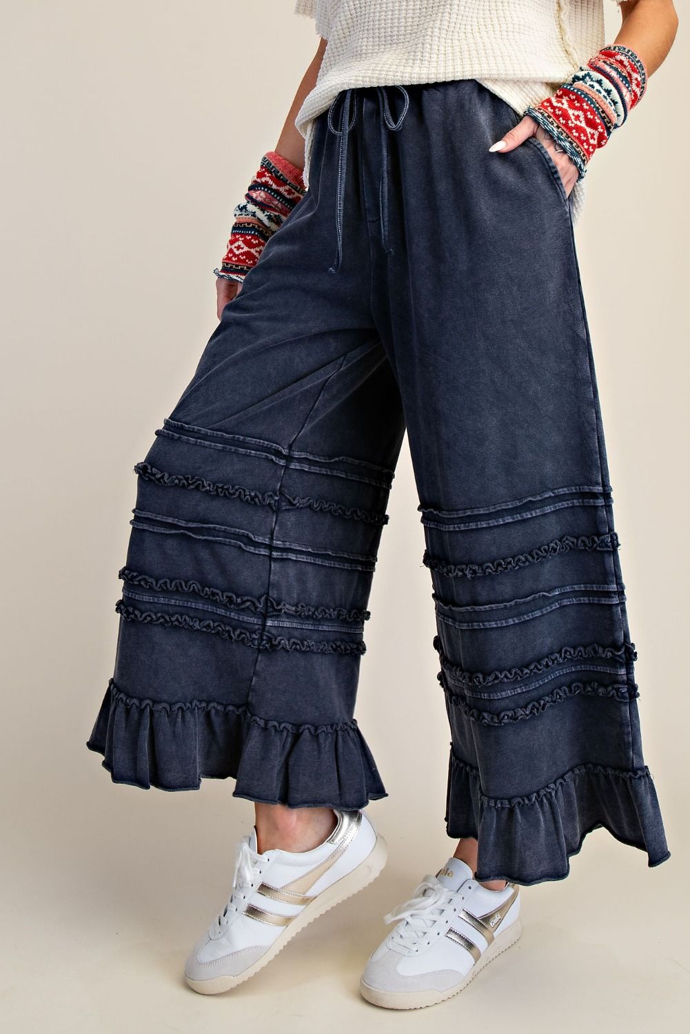 Easel Mineral Washed Wide Leg Ruffle Terry Sweatpants in Midnight Blue