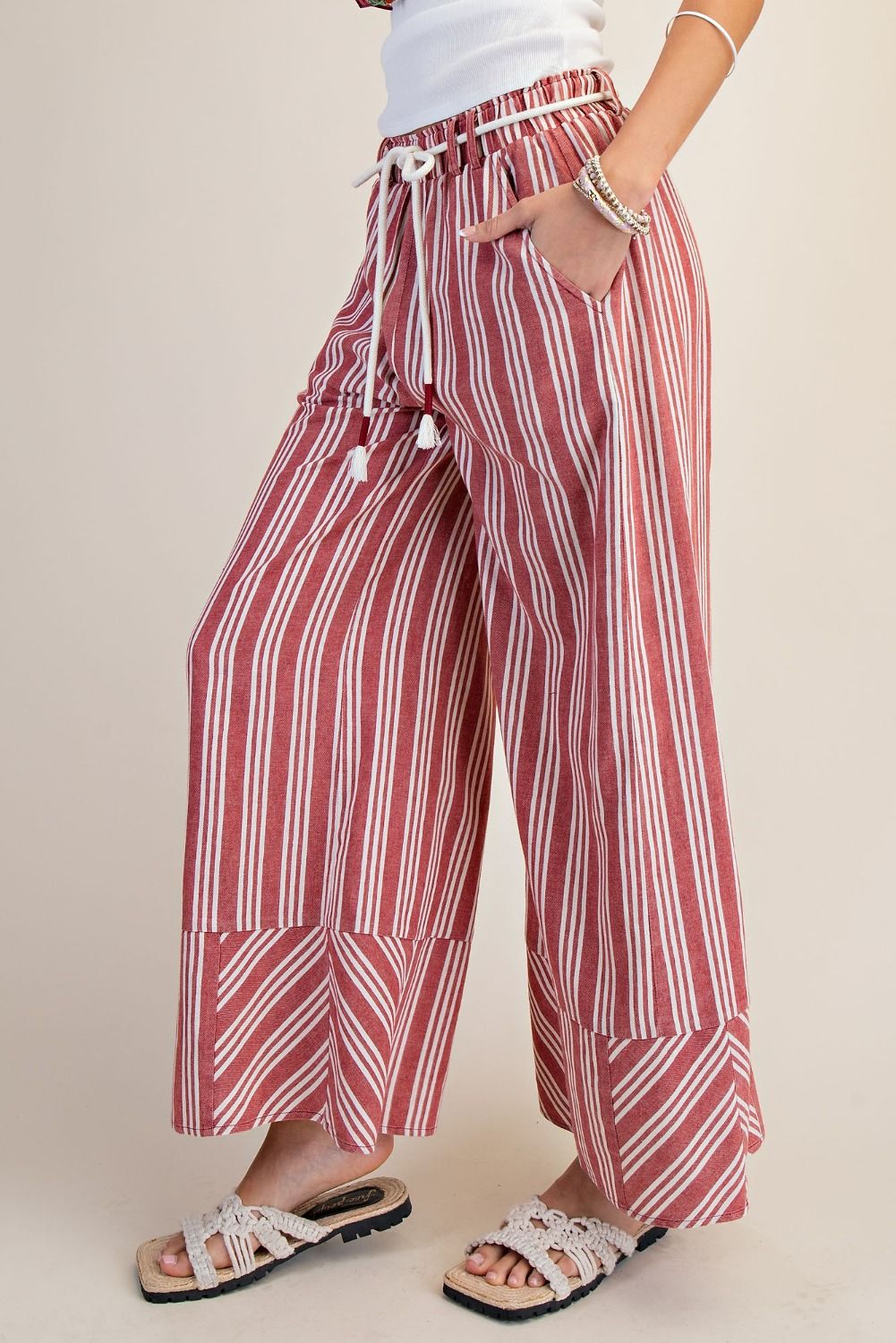 Easel Stripe Linen Washed Palazzo Pants in Red