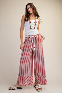 Easel Stripe Linen Washed Palazzo Pants in Red