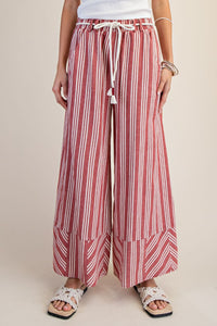 Easel Stripe Linen Washed Palazzo Pants in Red