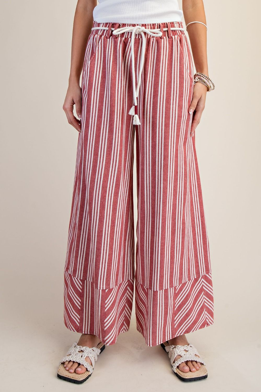 Easel Stripe Linen Washed Palazzo Pants in Red