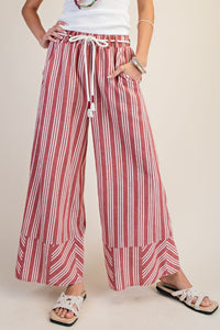 Easel Stripe Linen Washed Palazzo Pants in Red