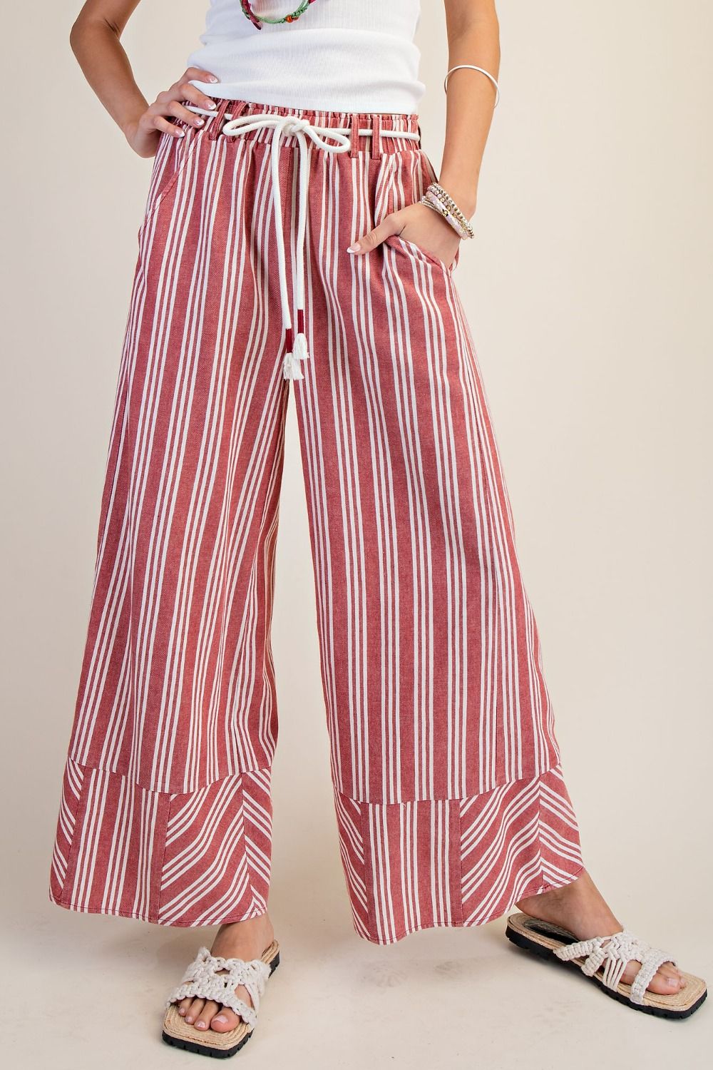Easel Stripe Linen Washed Palazzo Pants in Red