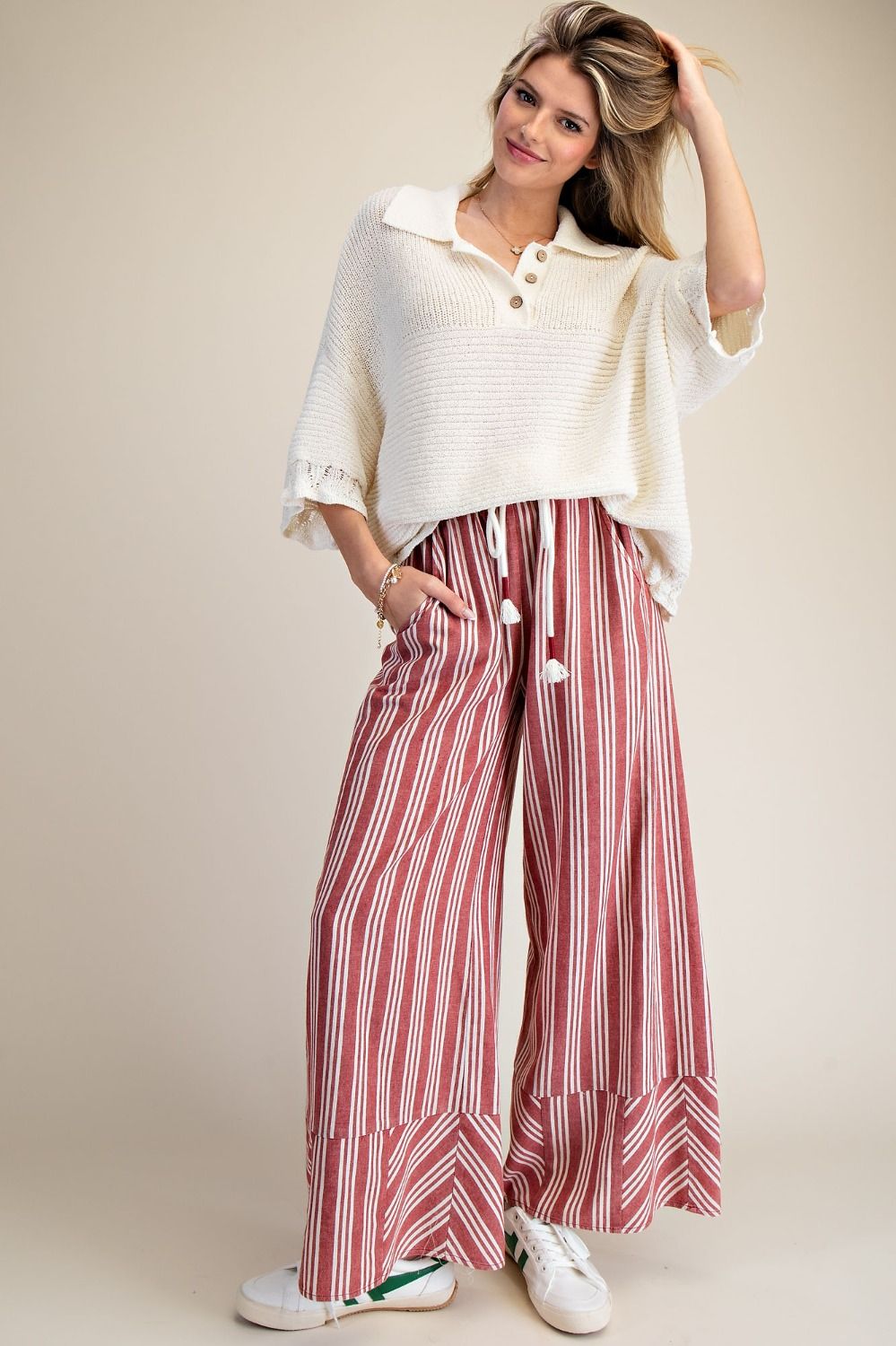 Easel Stripe Linen Washed Palazzo Pants in Red