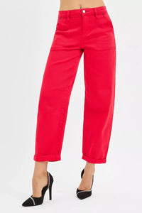Risen High Rise Ankle Cuffed Barrel Pants in Scarlet Red