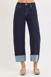 Risen High Rise Dark Wash Slouchy Crop Barrel Jeans PGC21709 