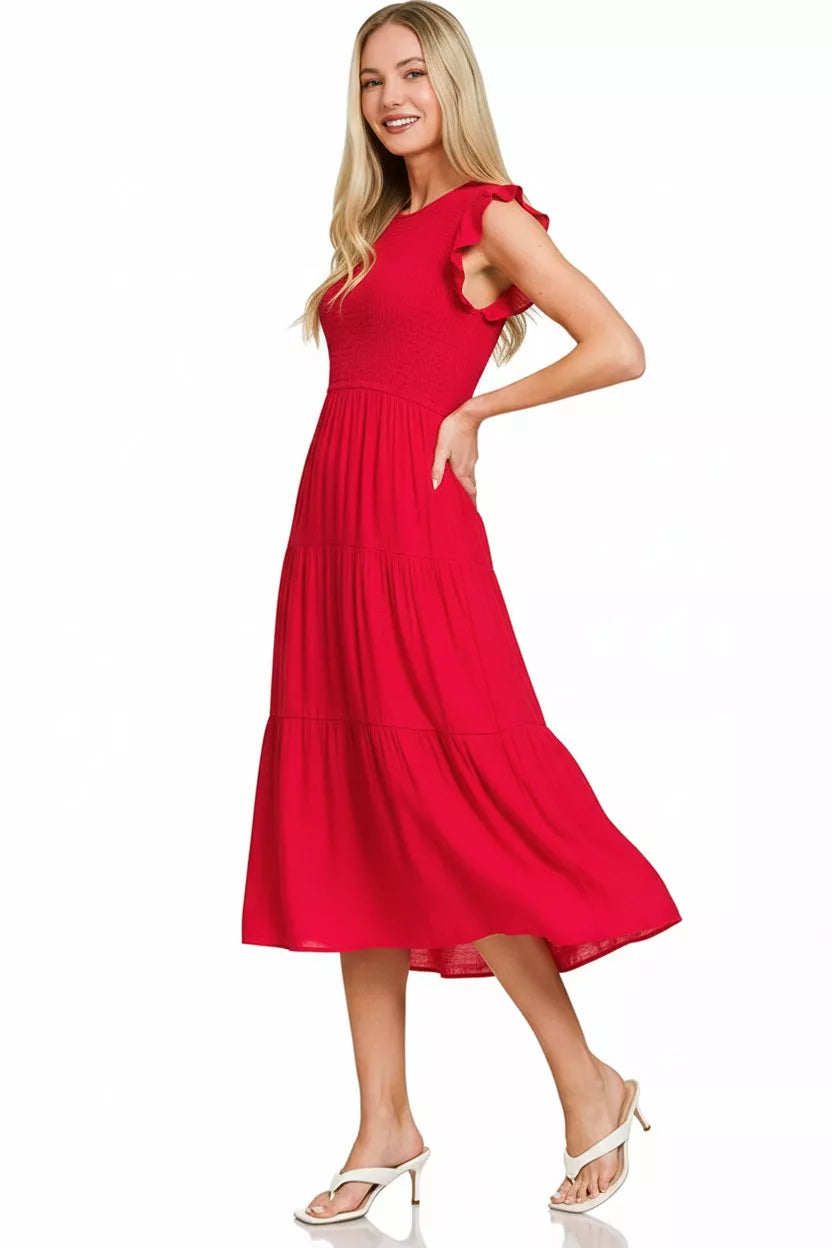 Woven Smocked Ruffle Sleeve Midi Dress in Red