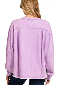 Zenana Acid Washed Exposed Seam Pullover in Lavender