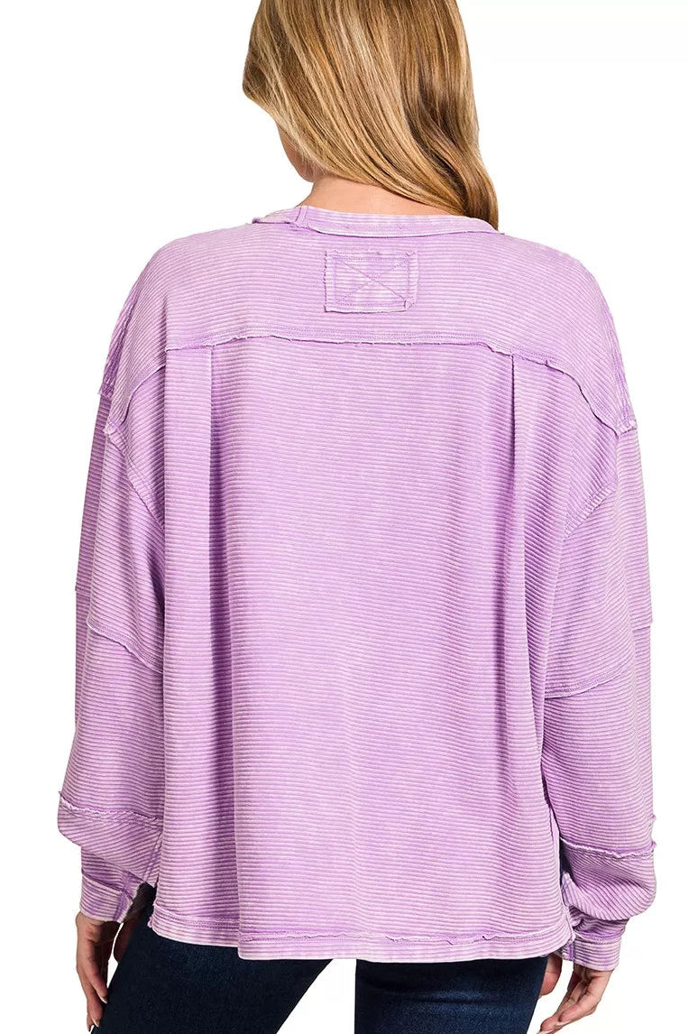 Zenana Acid Washed Exposed Seam Pullover in Lavender
