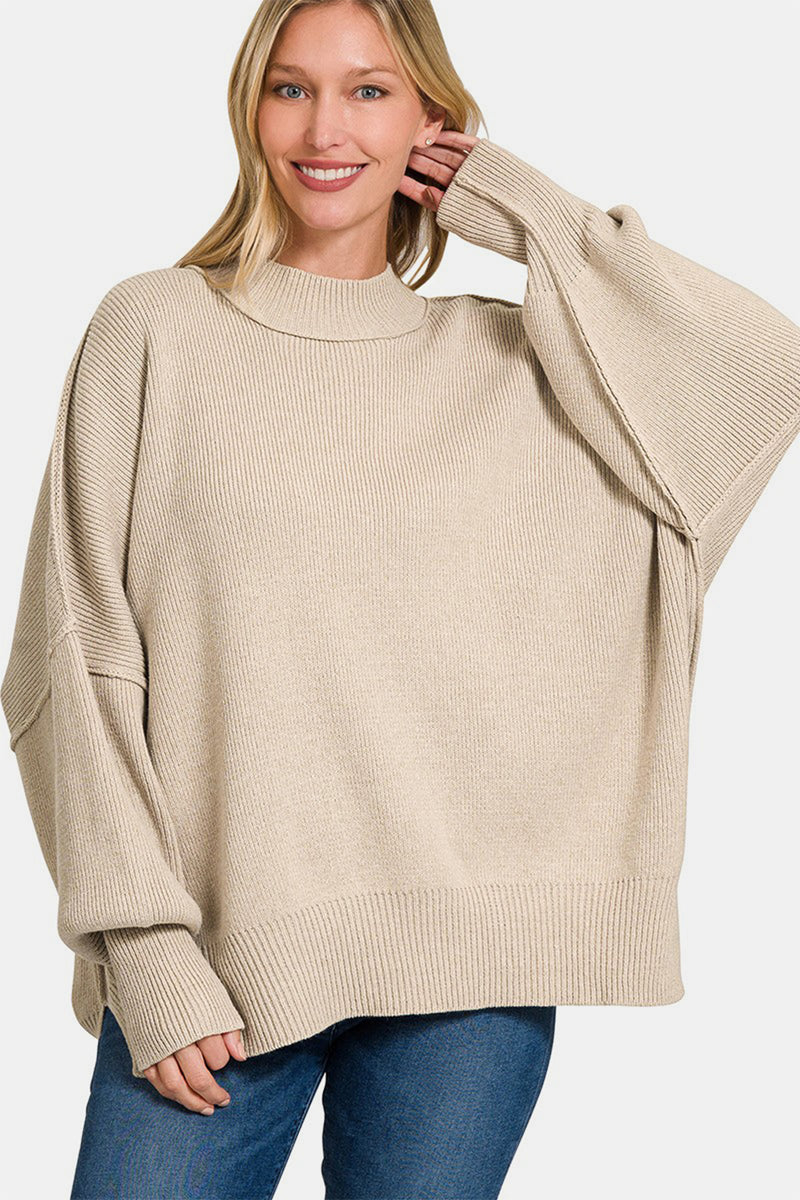 Slouchy Side Slit Oversized Sweater - Beige