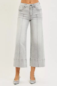 Risen Mid Rise Light Grey Tummy Control Crop Wide Leg Pintuck Front Jeans