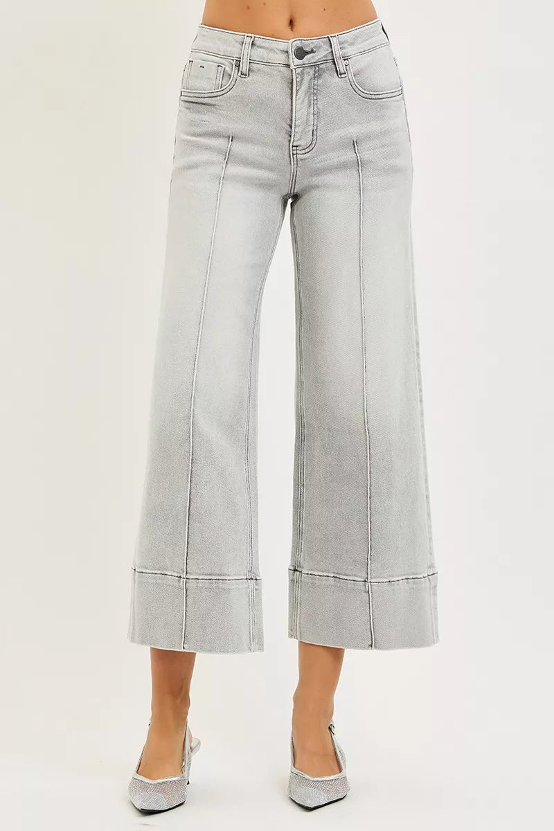 Risen Mid Rise Light Grey Tummy Control Crop Wide Leg Pintuck Front Jeans