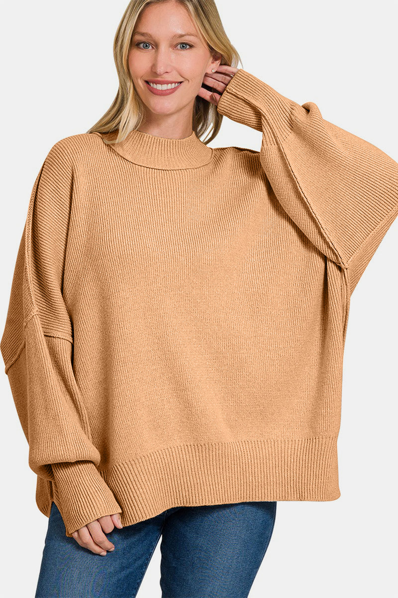 Slouchy Side Slit Oversized Sweater - Dk Brush