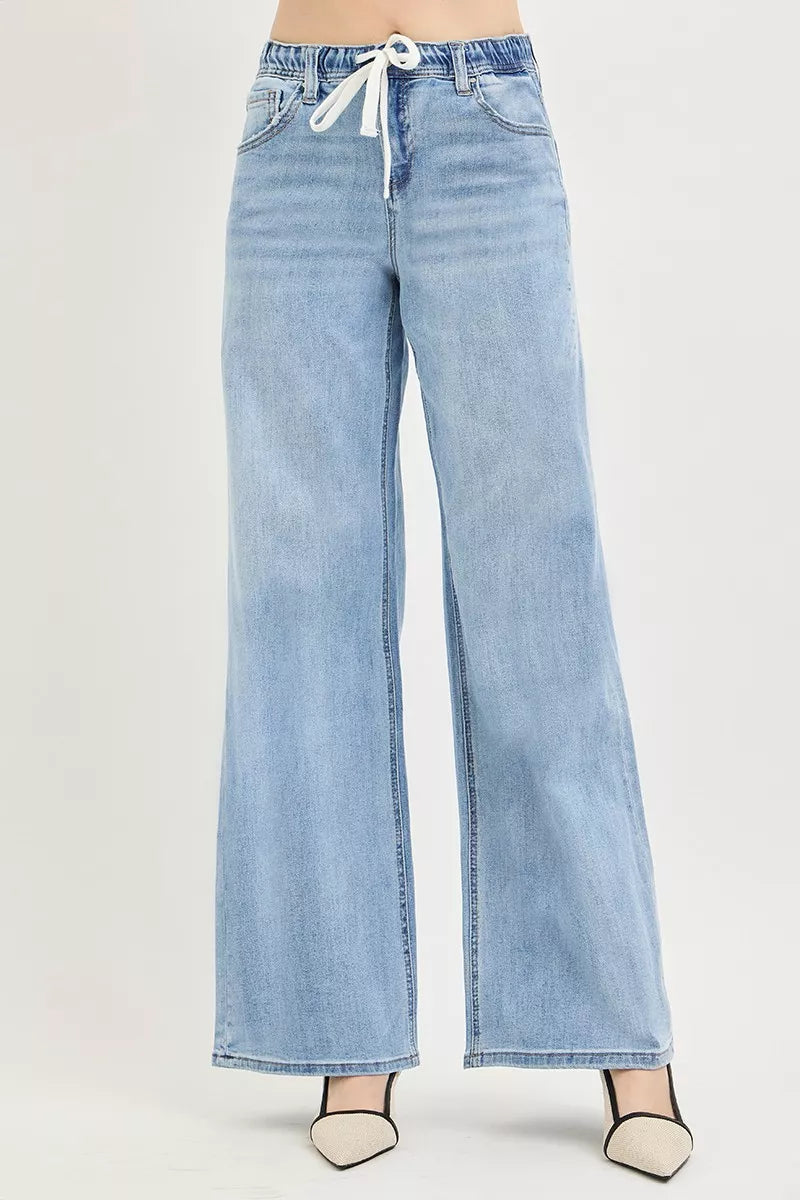 Risen High Rise Slouchy Wide Leg Jeans with Drawstring PW21423
