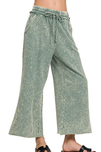 Acid Wash French Terry Wide Leg Palazzo Sweatpants in Ash Jade