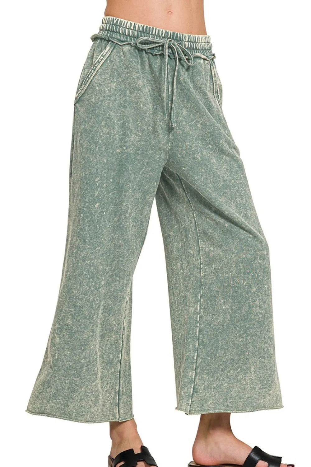 Acid Wash French Terry Wide Leg Palazzo Sweatpants in Ash Jade