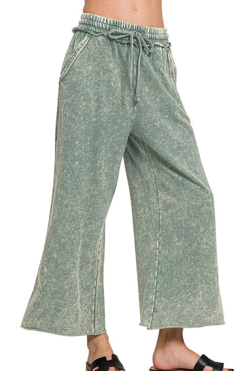 Acid Wash French Terry Wide Leg Palazzo Sweatpants in Ash Jade