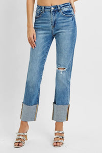 Risen High Rise Straight Jeans with Wide Cuff