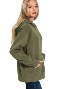 Zenana Fleece Kangaroo Pocket Hoodie in Dark Olive