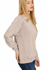 Zenana Acid Washed Fleece Side Ribbed Pullover Sweatshirt in Ash Mocha