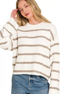 Zenana Striped Sweater in Heather Mocha