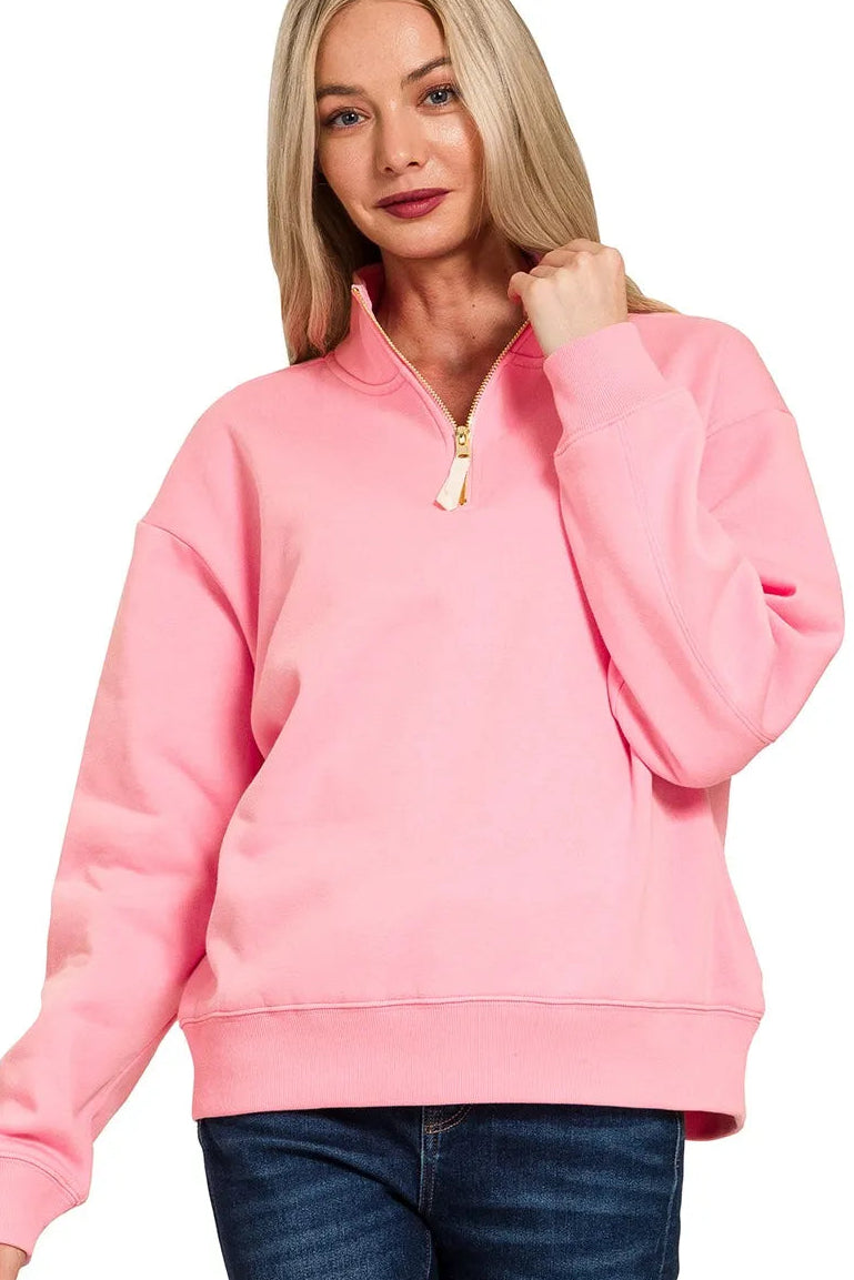 Zenana Quarter Zip Fleece Sweatshirt in Dark Pink