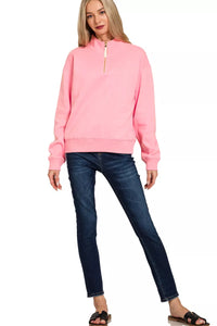 Zenana Quarter Zip Fleece Sweatshirt in Dark Pink