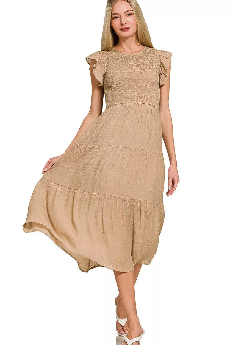 Zenana Woven Smocked Ruffle Sleeve Midi Dress in Light Mocha