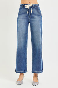 Risen High Rise Drawstring Waist Cropped Wide Leg Jeans