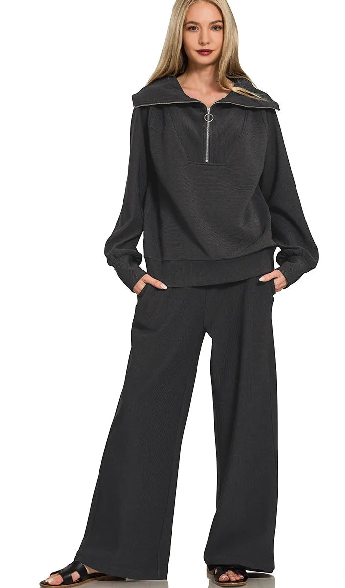 Ribbed High Neck Half Zip Pullover & Pants Set in Black