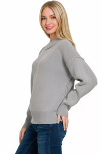 Grey Wide Neck Banded Drop Shoulder Sweater