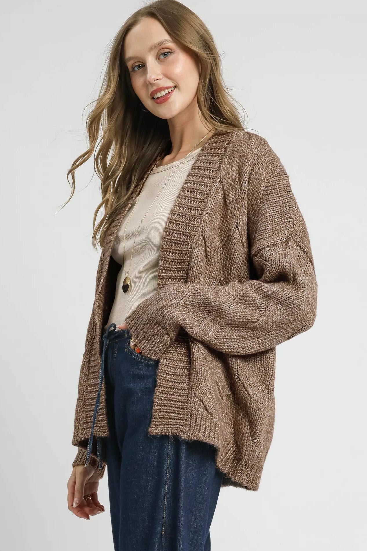 Chunky Cable Knit Open Front Cardigan in Mocha