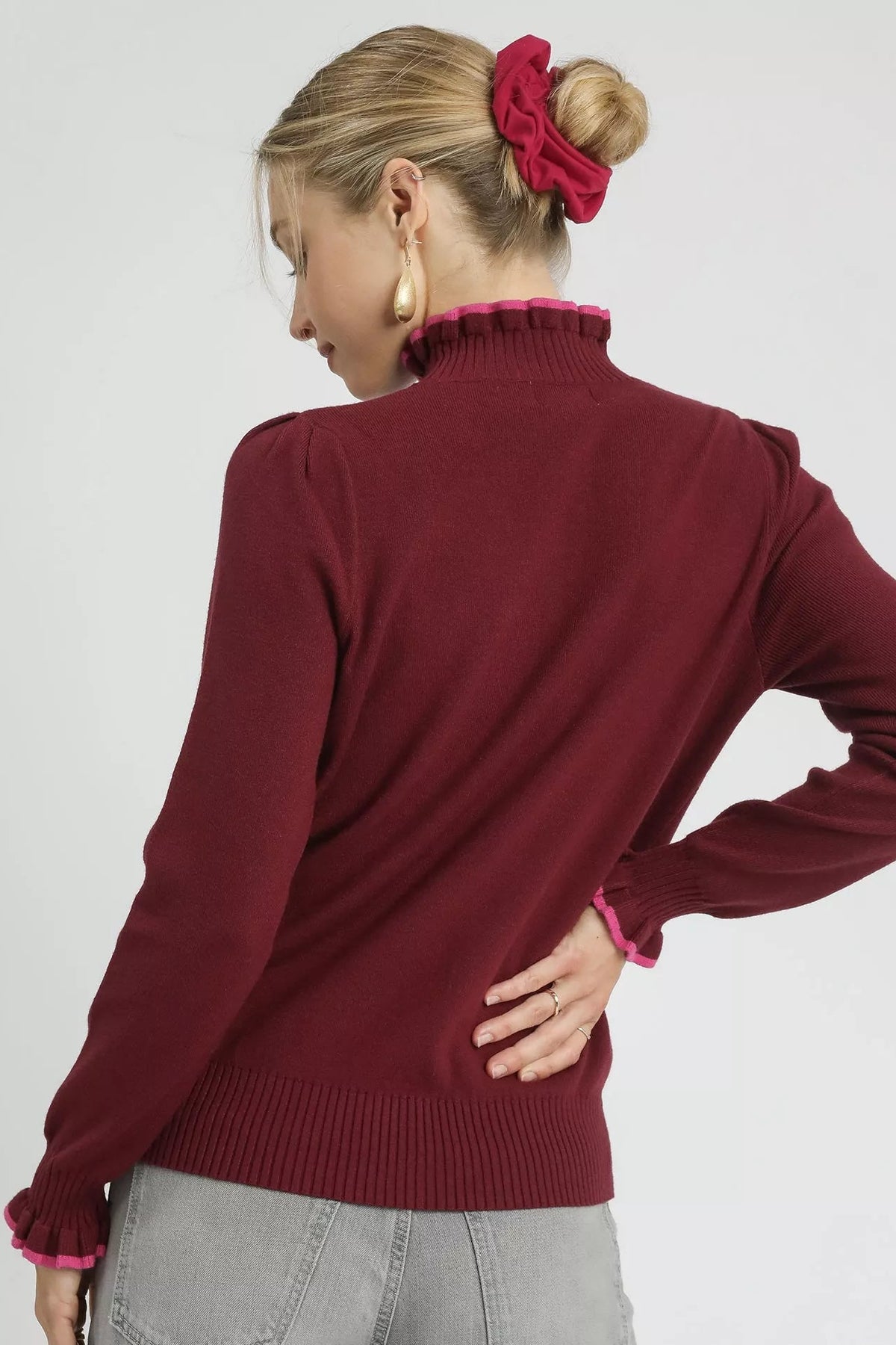 Umgee Contrast Ruffle Trim Burgundy Sweater