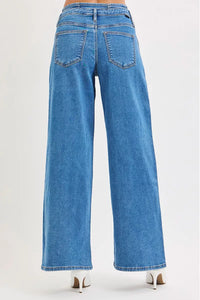 Risen High Rise Pleated Wide Leg Jeans