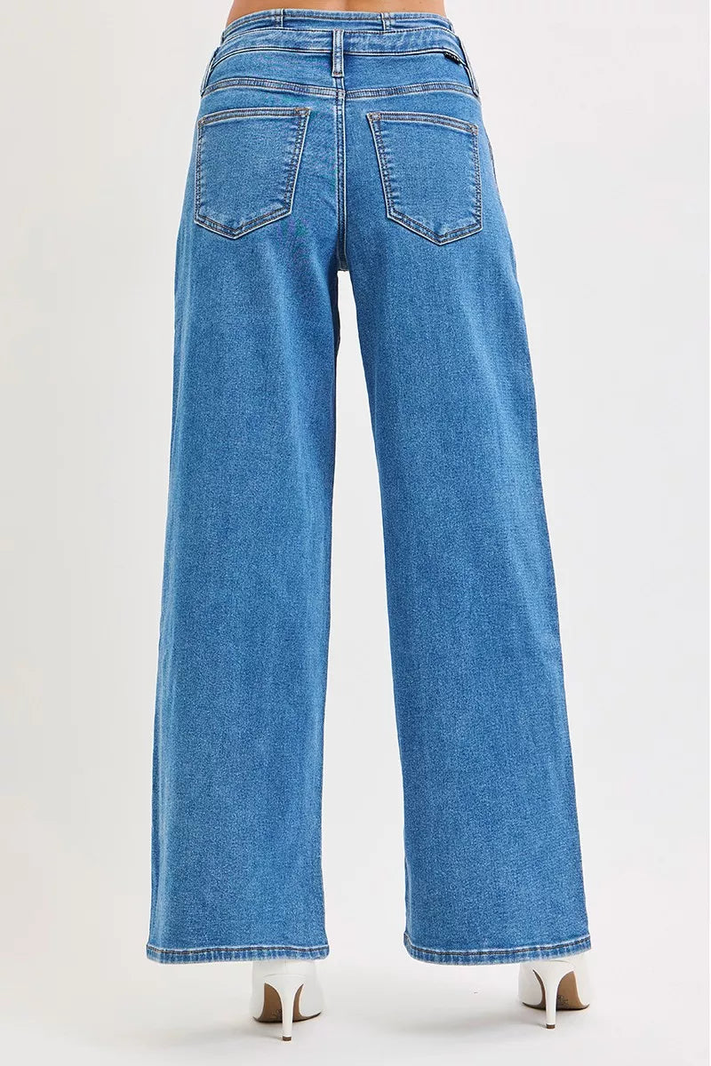 Risen High Rise Pleated Wide Leg Jeans