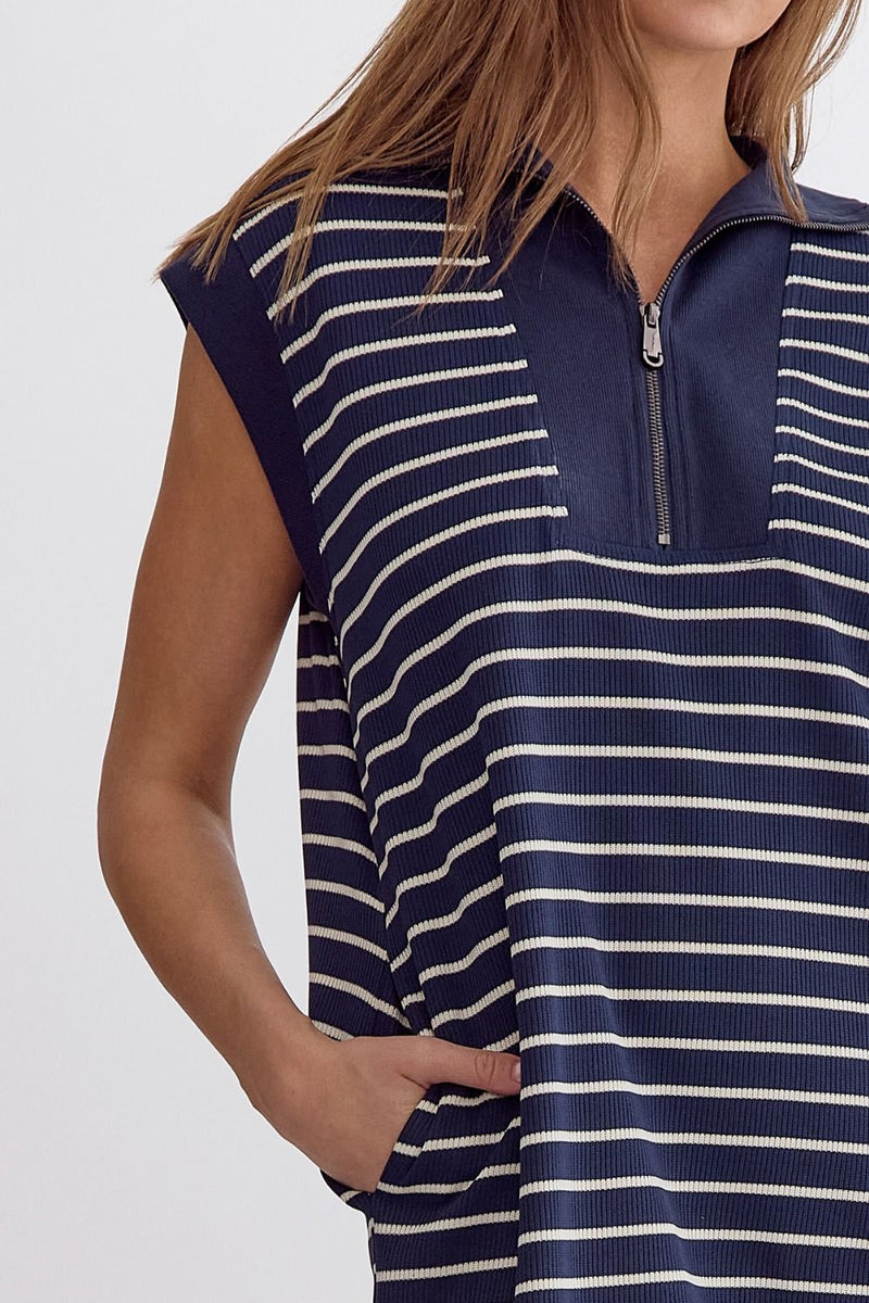 By The Shore Stripe Zip Front Dress - Navy