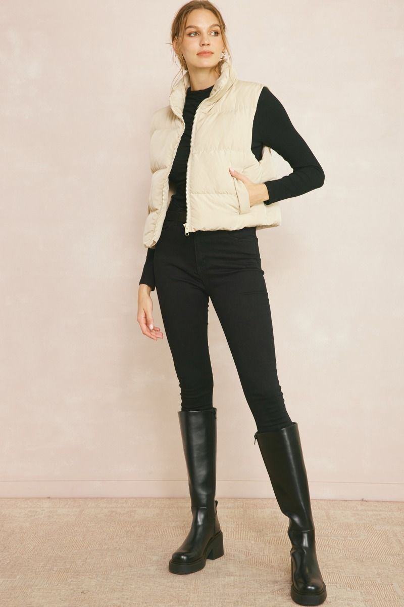 Cropped Puffer Vest - Sand
