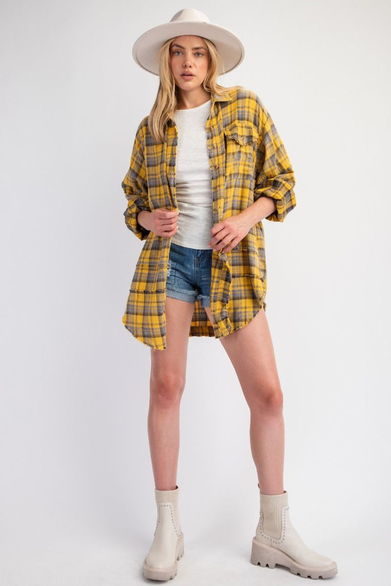 Looking At You Loose Fit Plaid Button Down Shirt - Mustard