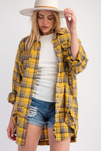 Looking At You Loose Fit Plaid Button Down Shirt - Mustard